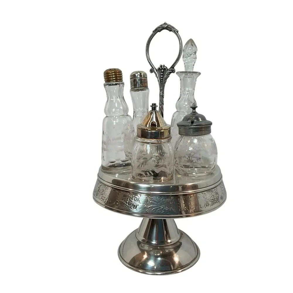 Antique Meriden Cruet Set Silver Plate Rotating Castor 5 Bottle Condiment Oil
